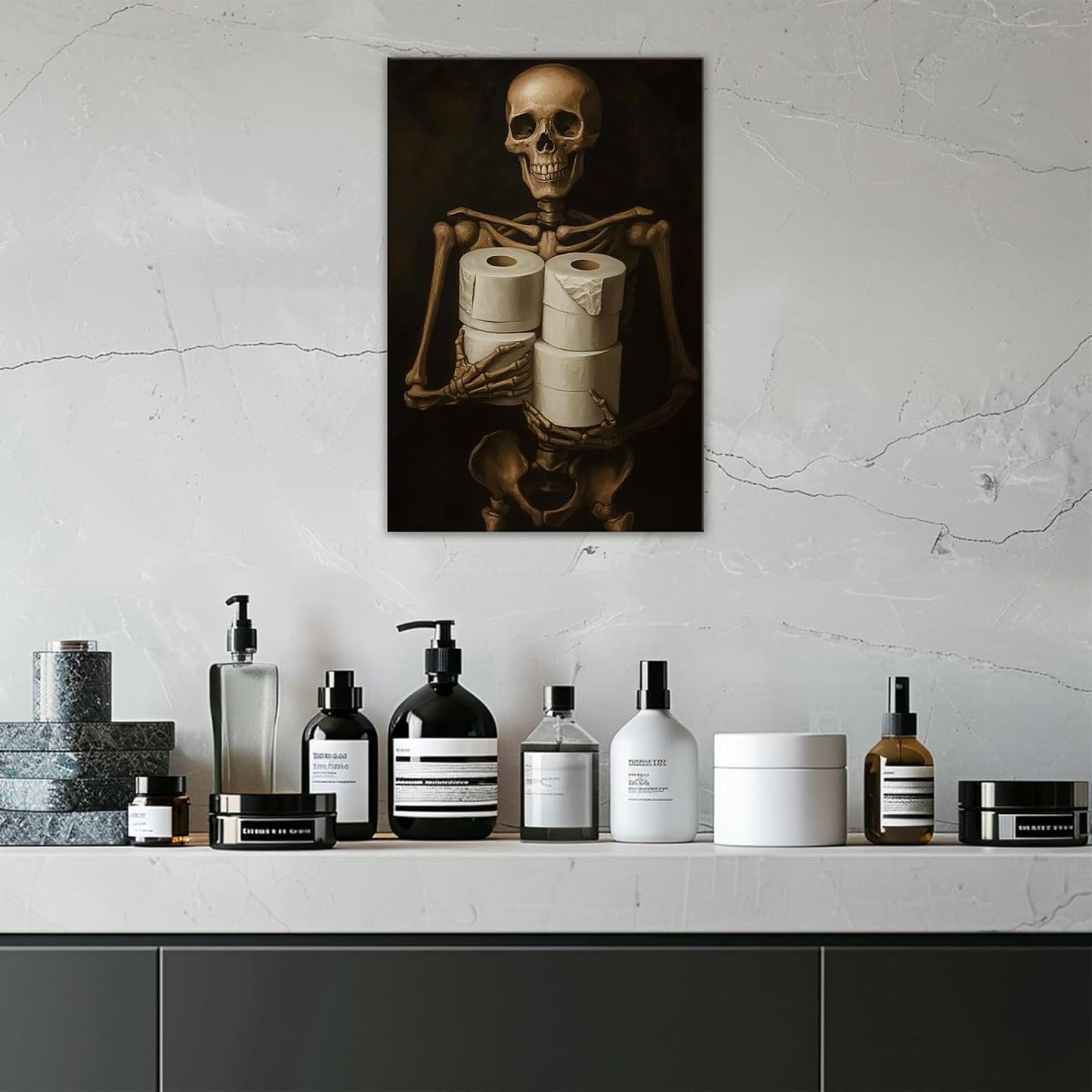 Gothic Skull Wall Art Funny Skeleton with Toilet Paper Canvas Print Vintage Skull Painting Framed Artwork for Living Room Home Halloween Wall Decor(Artwork-8,28"x42")