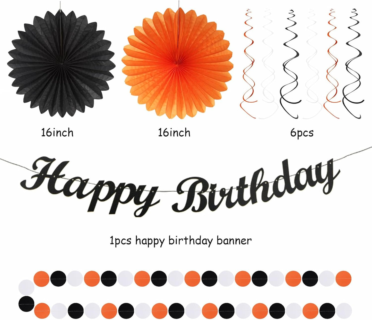 Black-White Orange Halloween Birthday Party-Decorations - 21pcs Happy Banner,Paper Lanterns Honeycomb,Tissue Pom Poms Flower Fan,Kids Classroom Hanging Streamers Garland Decor Supplies Huglony