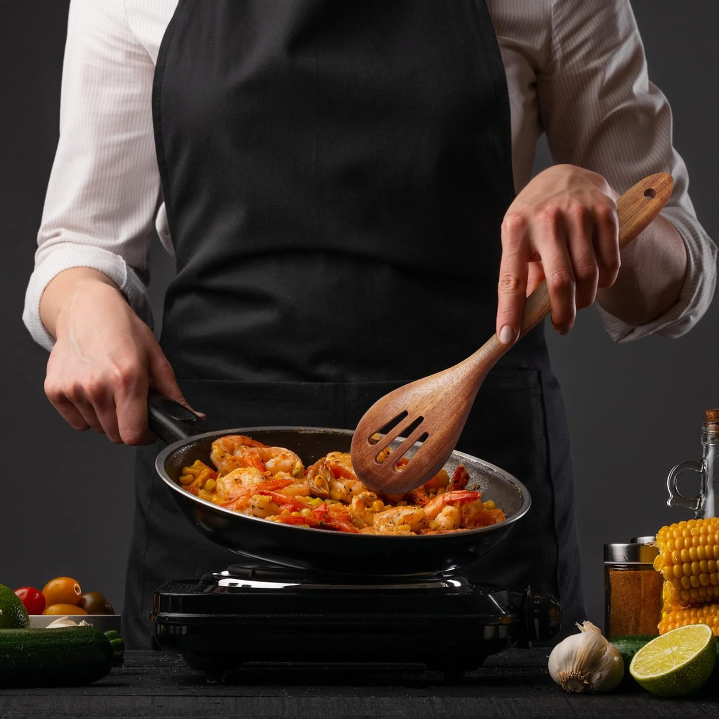 Acacia Wooden Spoons for Cooking: 5-Piece Kitchen & Cooking Utensils Set - Wooden Spatula, Slotted & Pasta Spoon - Essential Wooden Utensil Set