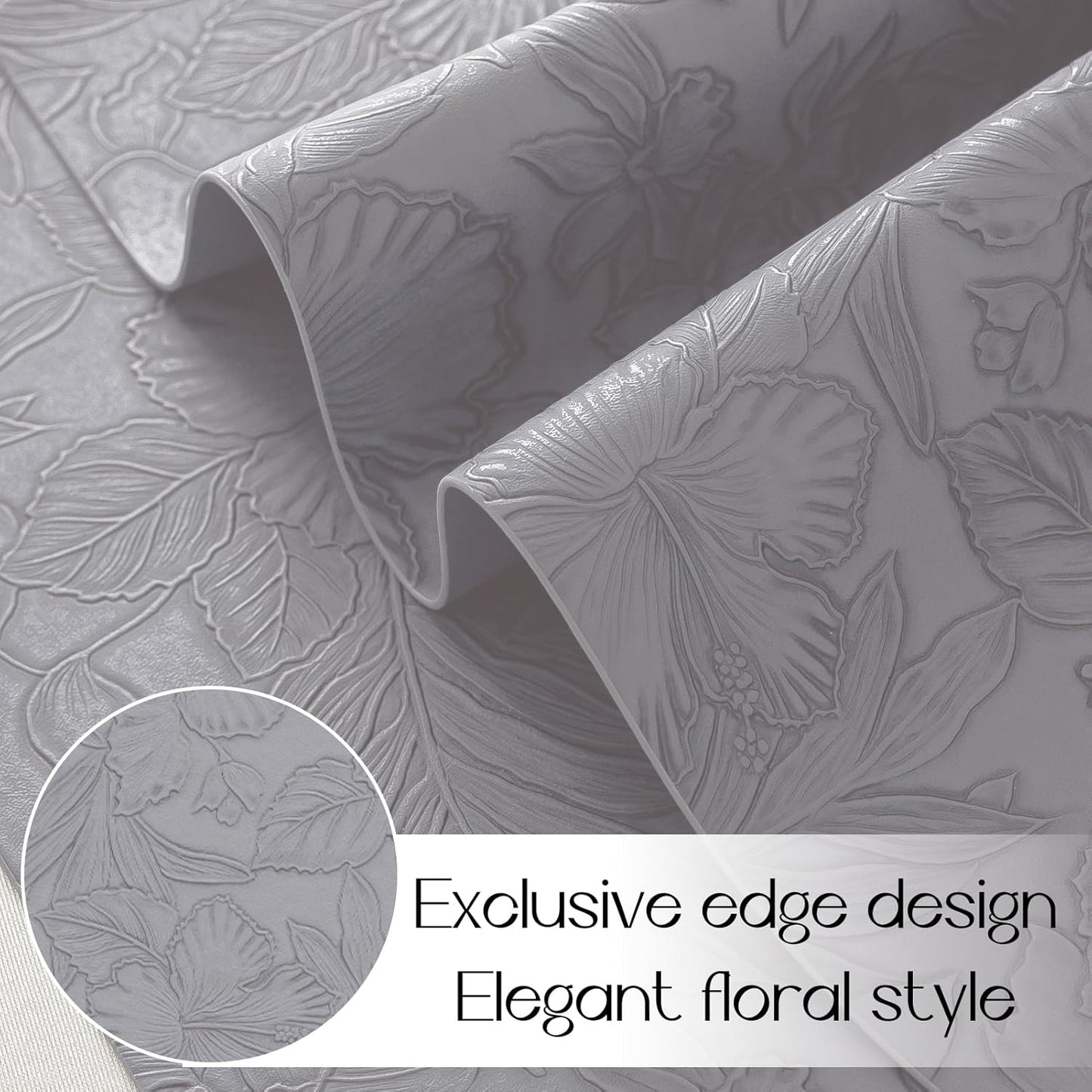 Romanstile Vinyl Placemats Set of 4-12 X 18 Inch - Heat Resistant Non-Slip Embossed Floral Place Mats 100% Waterproof Oilproof Wipeable Faux Leather Table Mats for Kitchen/Dining/Party, Grey