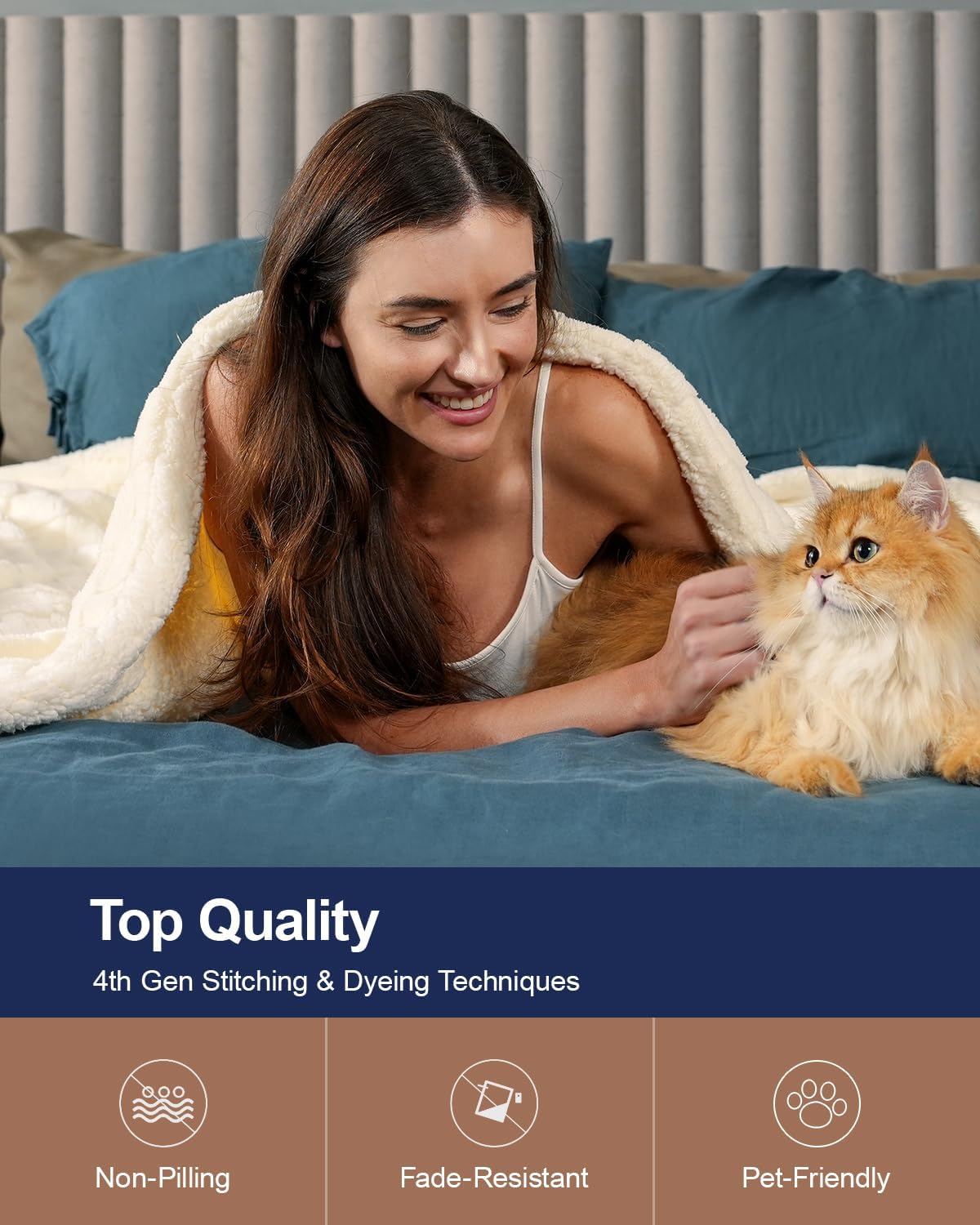 Pawque Super Soft Cozy Throw Blanket Queen Size for Couch Bed, Fluffy Sherpa Fleece Reversible Thick Warm Fuzzy Blanket for All-Season, 3D Checkered Jacquard Decorative Blankets, Cream White, 90"x90"