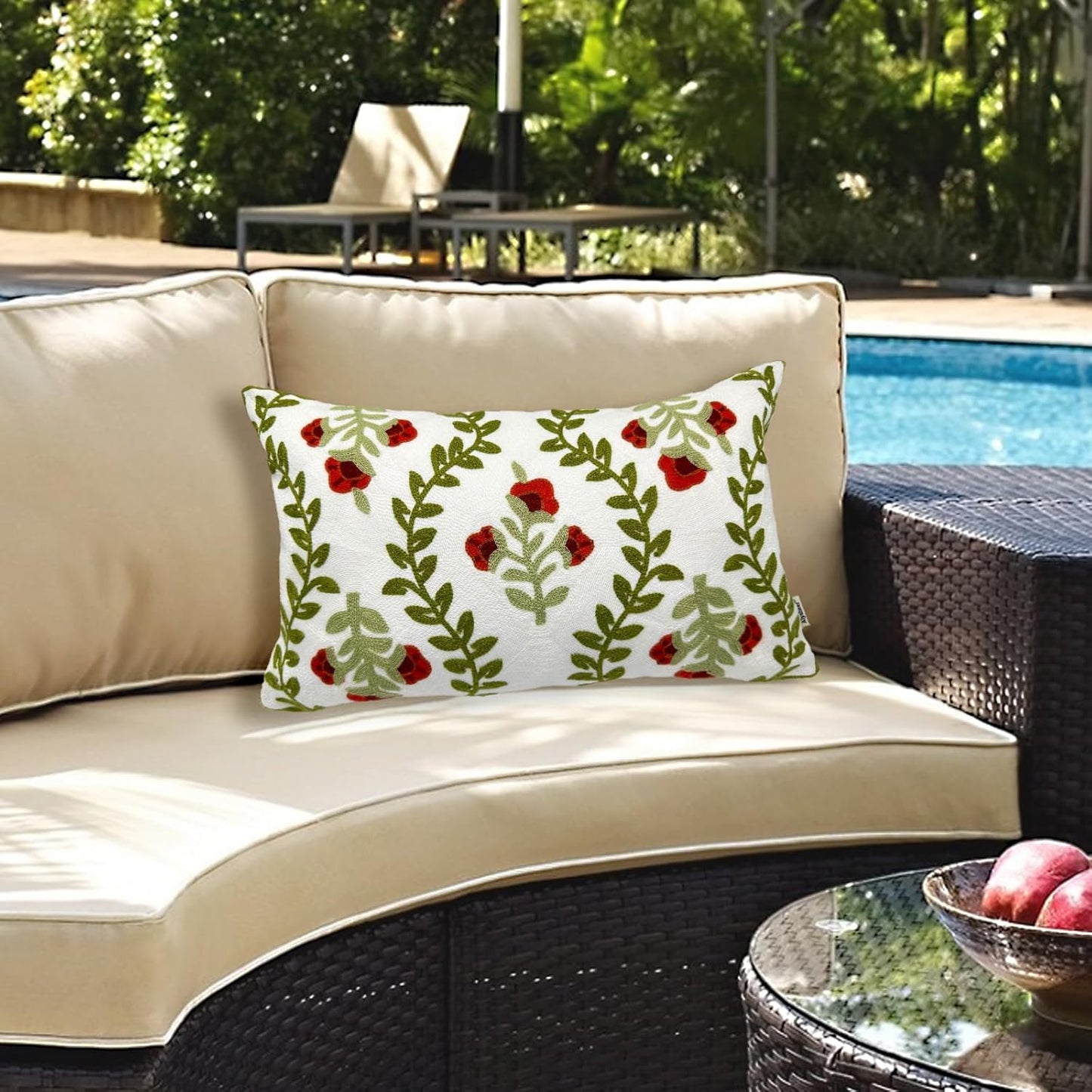 Alysheer Floral Embroidered Summer Lumbar Decorative Throw Pillow Cover 12"x 20", Farmhouse Cottage Red Flowers Green Leaves Patterned Cotton Canvas Cushion Case for Sofa Couch Bed Living Room Decor