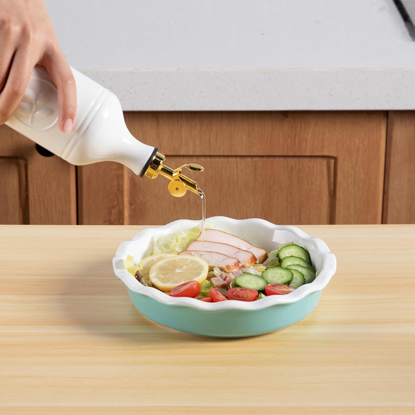 Sweejar 16 Oz Ceramic Olive Oil Dispenser Bottle, Oil Dispenser for Kitchen with Gravity Spout, Relief Opaque Oil Container for Evoo, Avocado Oil, Vinegar, Soy Sauce, 1 Pack(White, Silver Spout)