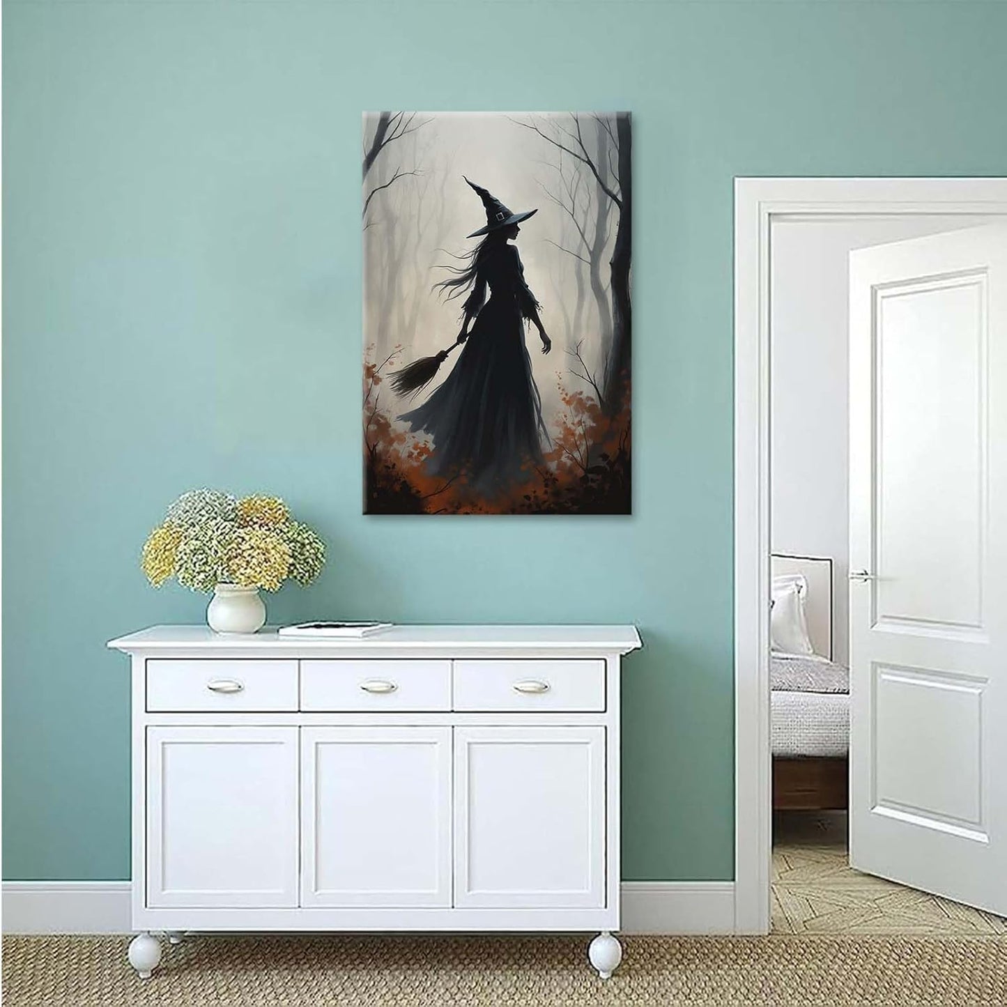JFHCQJPK Vintage forest witch silhouette poster Halloween mural poster decoration mural art magic suitable for home living room bedroom8x12in Frameless