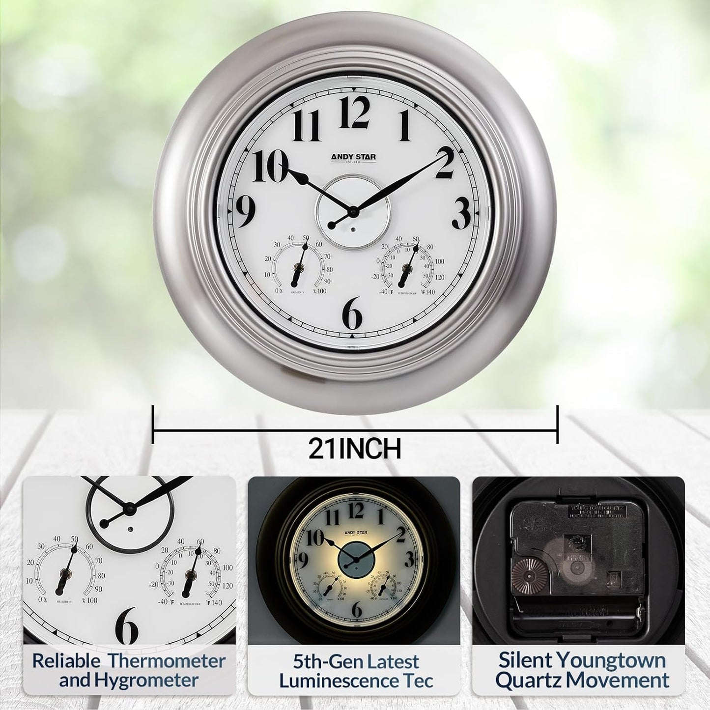 Andy Star 21 Inch Silver Illuminated Outdoor Wall Clock Waterproof with Thermometer and Hygrometer, Oversized Battery Operated Round Wall Clock, Big Silent Non Ticking Clock for Patio Pool Garden