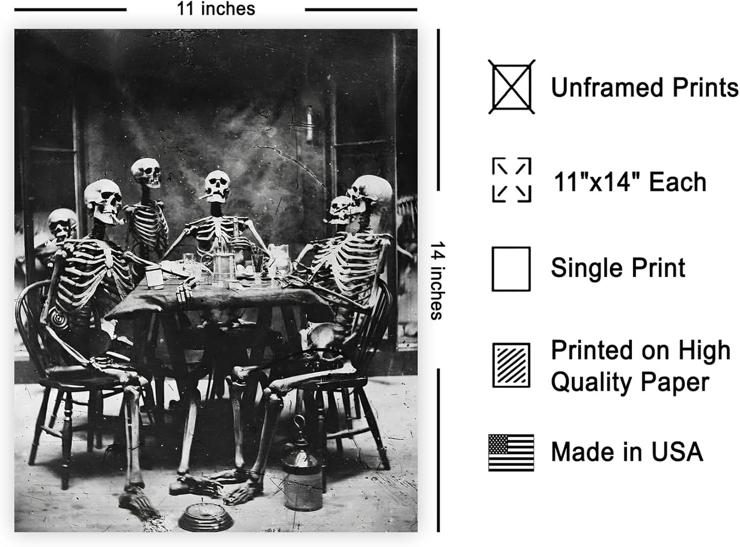 Poster Master Vintage Skeletons Smoking Poster - Retro Dinner Party Print - Skeleton Art - Halloween Art - Gift for Him & Her - Gothic Decor for Dorm, Living Room or Bedroom - 11x14 UNFRAMED Wall Art