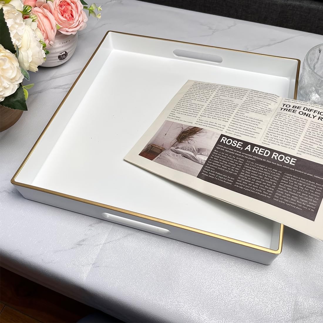 White Decorative Tray, Square Serving Tray with Handles, Plastic Coffee Table Tray for Ottoman, Living Room, Kitchen Tabletop, 13"x13"x1.6"