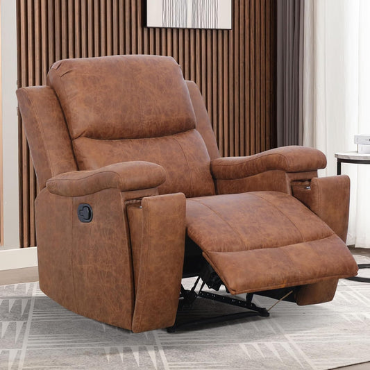 Brown Recliner Chair, Single Overstuffed Sofa Recliners, Breathable Faux Leather Manual Reclining Chairs with Hidden Cup Holder, Arm and Back for Adults, Living Room, Bedroom, Brown