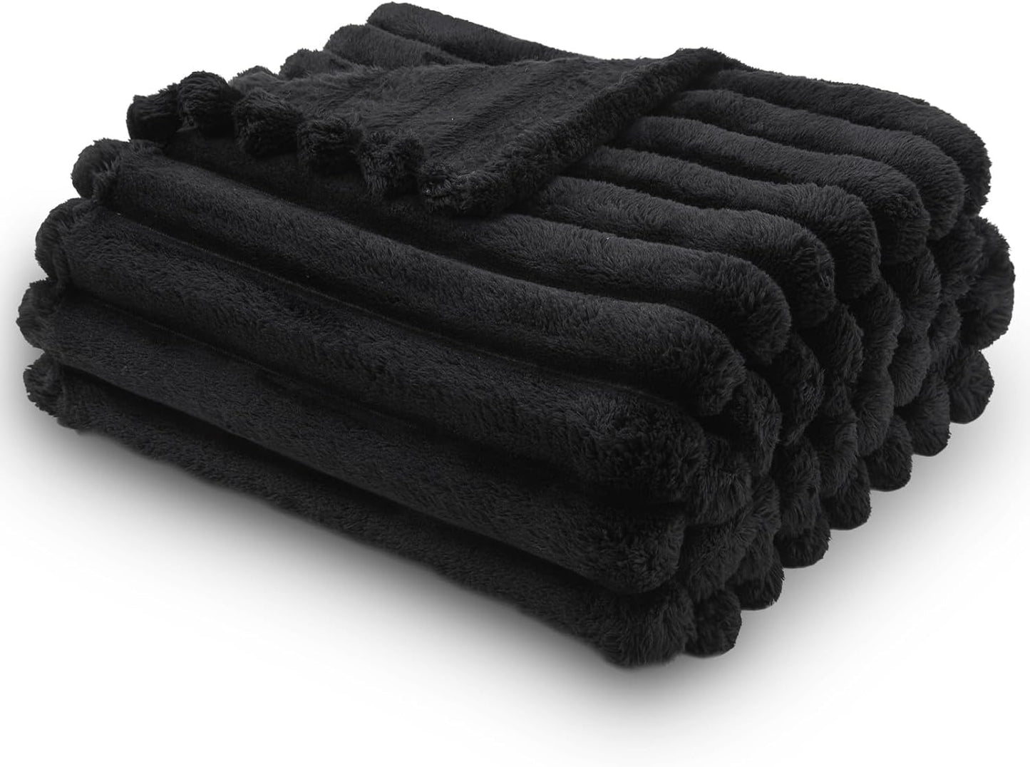 NEWCOSPLAY Super Soft Throw Blanket Black Premium Silky Flannel Fleece 3D Ribbed Jacquard Lightweight Bed Blanket All Season Use (Black Ribbed, Throw(50"x60"))
