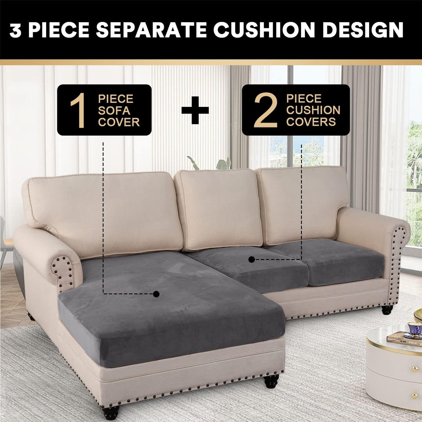 PrinceDeco Sectional Couch Covers 3 Pieces Velvet Sofa Covers L Shape Soft Couch Covers for Sectional Sofa Corner Sofa Cover Couch Cover for Dogs Washable (2 Seater + 1 Chaise,Grey)