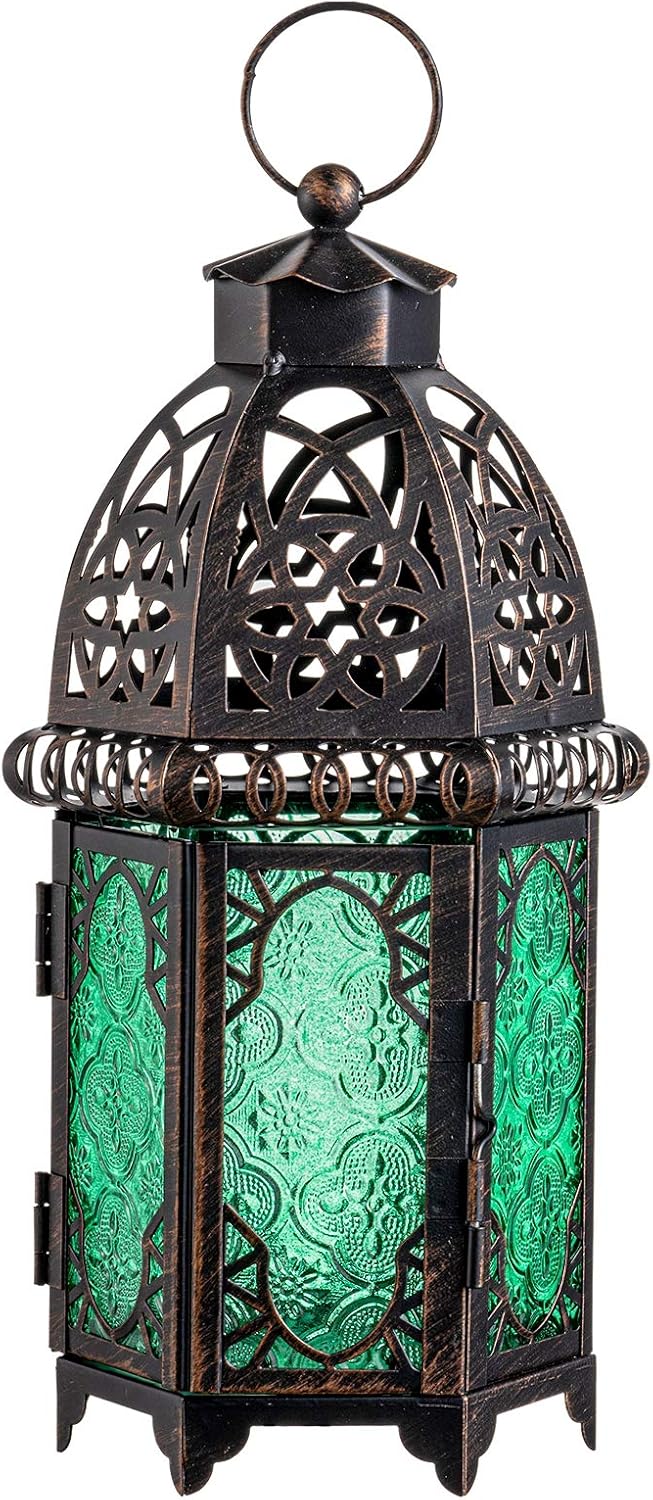 NEEDOMO Hanging Moroccan Lantern, 12.8'' Vintage Candle Holder, Metal Lanterns Decorative Indoor Outdoor, Table, Patio, Porch, Shelf, Gothic Home Decor (Green, Large Size)