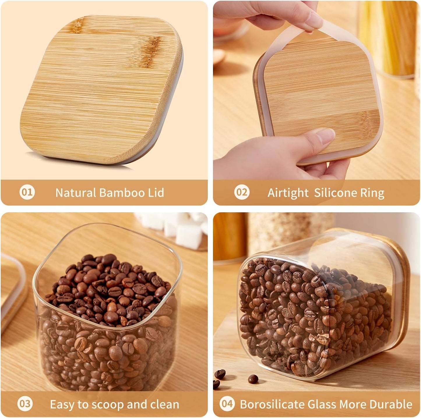 Square Glass Food Storage Jars with Lids[Set of 3], Perfect for Pasta, Cookies, Nuts, Coffee, Cereal, Flour, Organize Your Kitchen and Pantry with these BPA-Free Glass Jars with Canisters