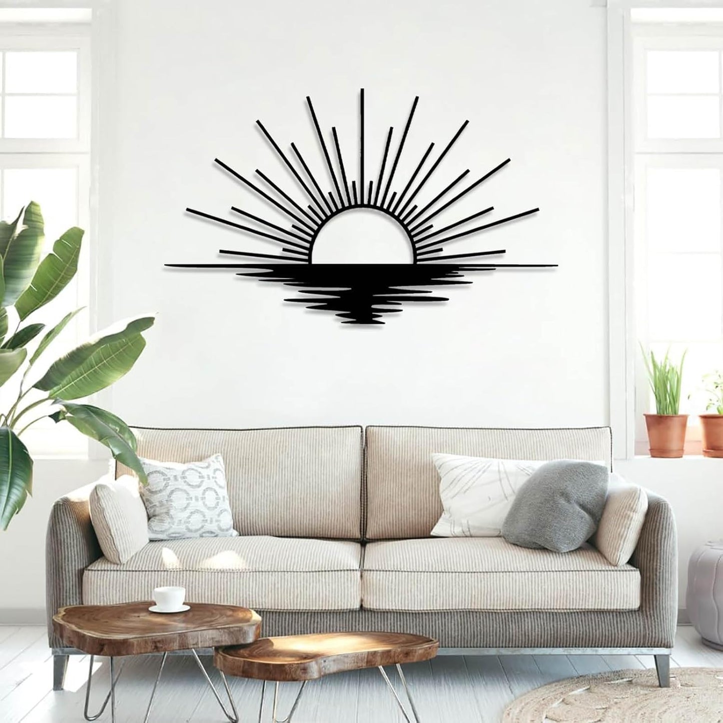 Sunrise Metal Wall Art, Metal Sun Wall Decor, Sun Outdoor Wall Art, Abstract Sunrise Wall Decor, Boho Home Hanging, Living Room Wall Hanging (Black, 53"x32"/135x81cm)