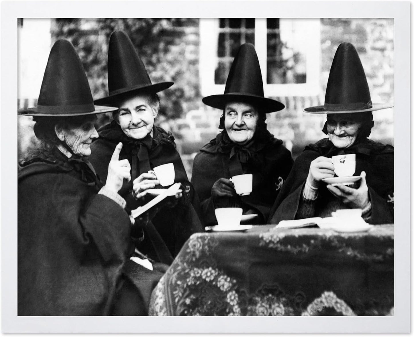 Poster Master Classic Photograph Poster - Vintage Halloween Print - Gift for Artist, Friend - Witches Tea Party, Old Women Smiling, Wearing Robes - Wall Decor for Living Room, 16x20 White Framed