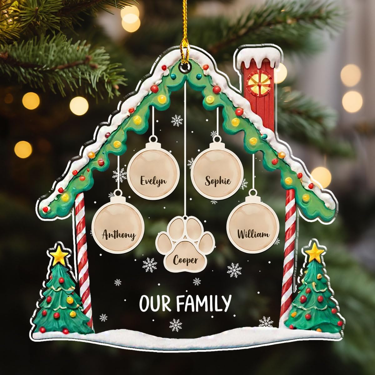 Personalized Family Christmas Acrylic Ornament 2024 - Custom Name Charms Family Members up to 10 People and Pets, Paw Charm Ornament Gifts for Family Tree Decoration (A02, 5 Names)
