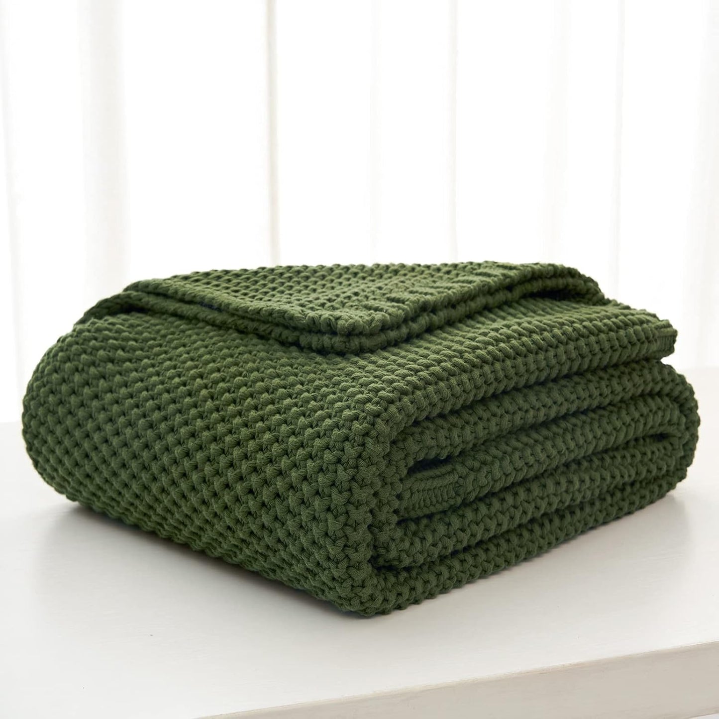 Longhui bedding Chunky Cable Knit Throw Blanket Lightweight Olive Green 100% Organic Cotton Blanket for Sofa Couch Bed Baby Nursery, Rustic Shabby Chic Modern Farmhouse, 60” x 80” Give Laundering Bag