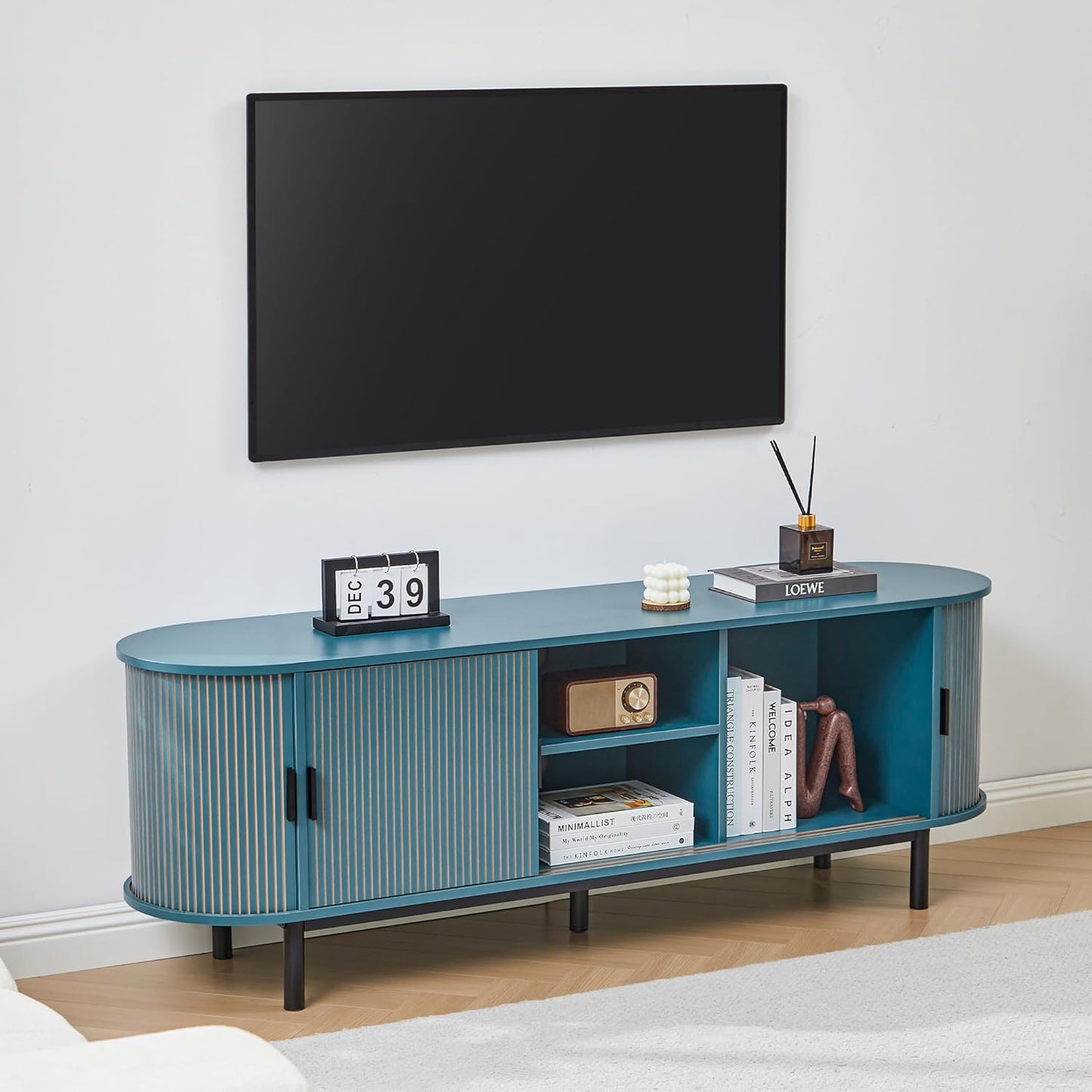 62" Tambour Door TV Stand,Wood Mid Century Modern TV Cabinet for Up to 75“ TV,Curved Edge Long TV Stand with Storage for Bedroom Living Room(62.2inch,Blue)