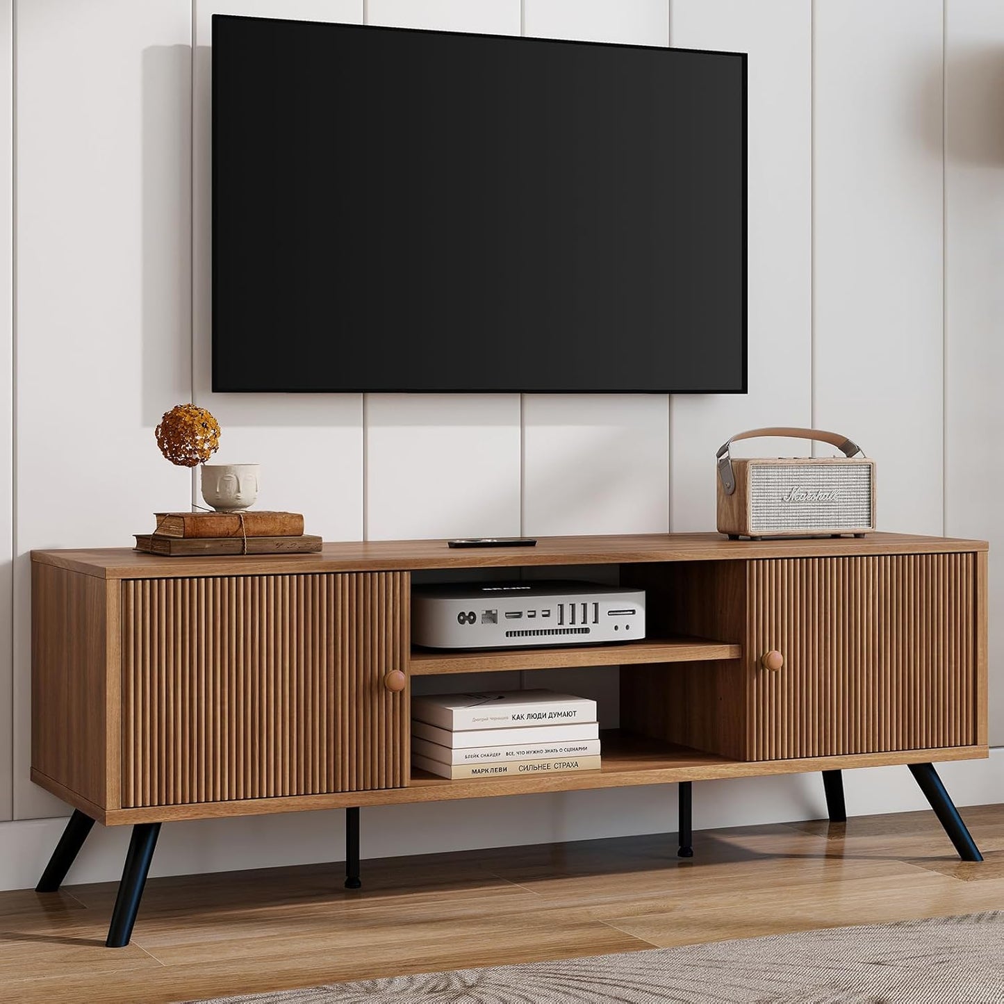 COMHOMA TV Stand for Living Room, Mid Century Modern Entertainment Center for 55/60/65 Inch TVs, Retro Brown TV Console with Fluted Door Cabinets and Open Adjustable Shelve Storage for Bedroom