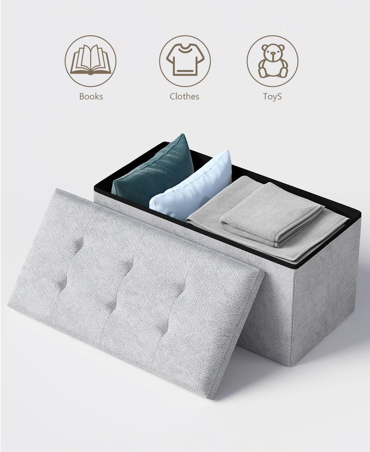 Storage Ottoman Bench, Folding Ottoman Foot Rest, 15 x 30 x 15 Inches, End of Bed Bench, Storage Chest, for Living Room, Bedroom, Hallway, Entryway, Light Gray