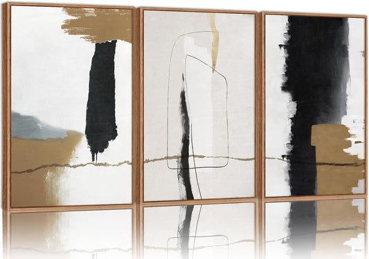 SIGNINART Black and White Abstract Framed Canvas Wall Art Set of 3, Beige Neutral Art Prints, Minimalist Modern Wall Decor for Living Room, Bedroom, Office,Above Couch 16"x24"x3