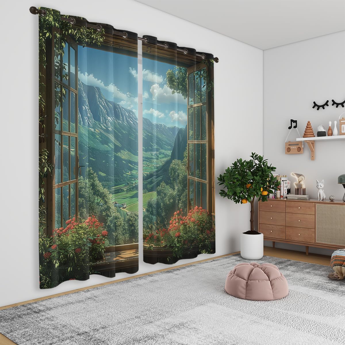 Mountain Blackout Curtains for Girls Boys Teens Home Decor, Spring Sky View Nature Forest Flower Grommet Thermal Insulated Drapes Darkening Window Curtain for Bedroom Living Room, 63 x 63 Inch