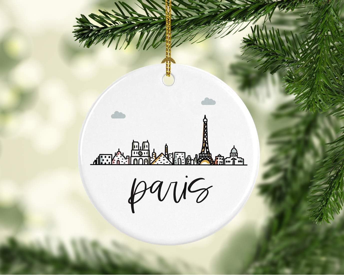 Andaz Press Round Ceramic Porcelain Christmas Tree Ornament Keepsake Gift, Paris, Colorful International City Skyline Graphic, 1-Pack, Birthday Ideas Family Coworker Him Her, Gift Box