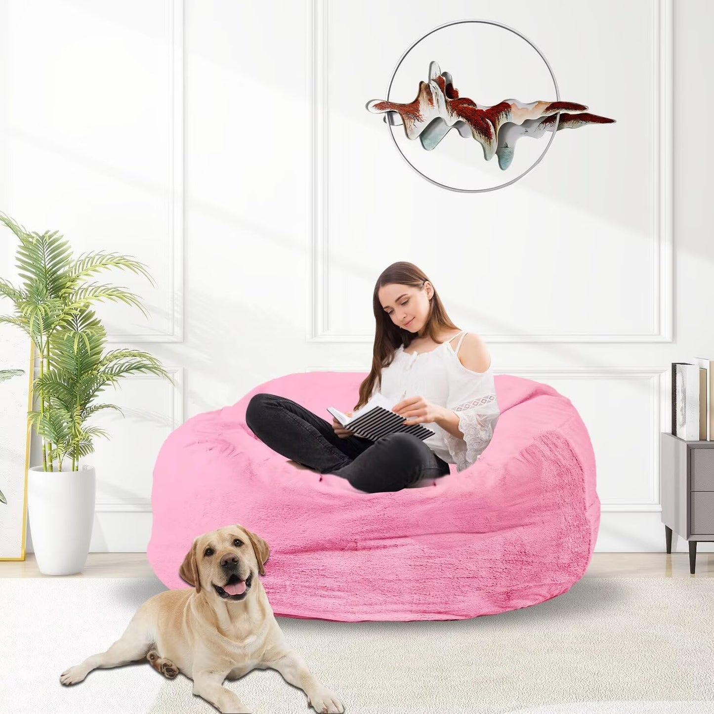 Bean Bag Chair for Adults 3FT,Soft Removable Cover for Teens/Girls Bedroom,Fluffy Giant Round Floor Beanbag Lounger Chairs (No Filler,Pink)