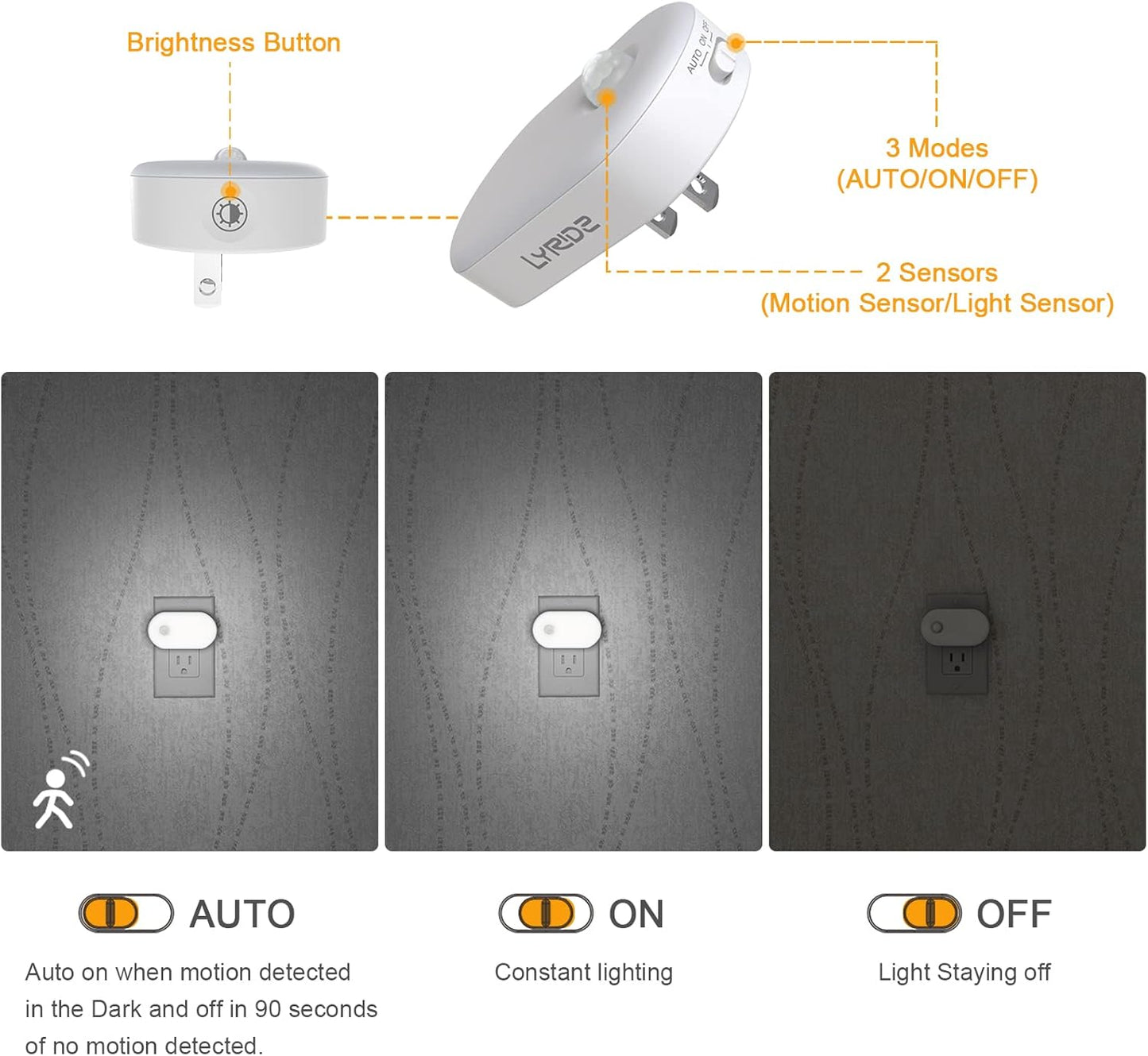 Lyridz Plug in Night Light with Motion Sensor, Smart Cool White LED Nightlights with 1-120LM Stepless Adjustable Brightness for Bathroom, Bedroom, Kitchen, Stairs, Hallway, 6 Pack