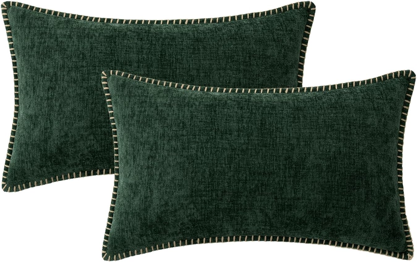 MIULEE Pack of 2 Christmas Pillow Covers 12x20 Inch Dark Green Farmhouse Decorative Throw Pillow Covers with Stitched Edge Soft Chenille Solid Dyed Couch Pillow Covers for Sofa Bed Living Room