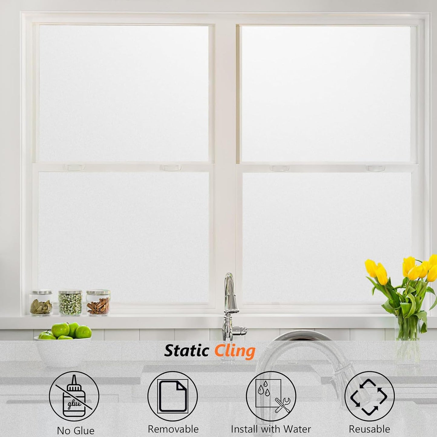 Kromapolis Window Privacy Film Frosted Glass Window Film, Heat Blocking Privacy Film for Glass Windows, Static Cling Non-Adhesive Frosting Window Stickers for Door Home (Frosted, 23.6 x 157.4 inch)