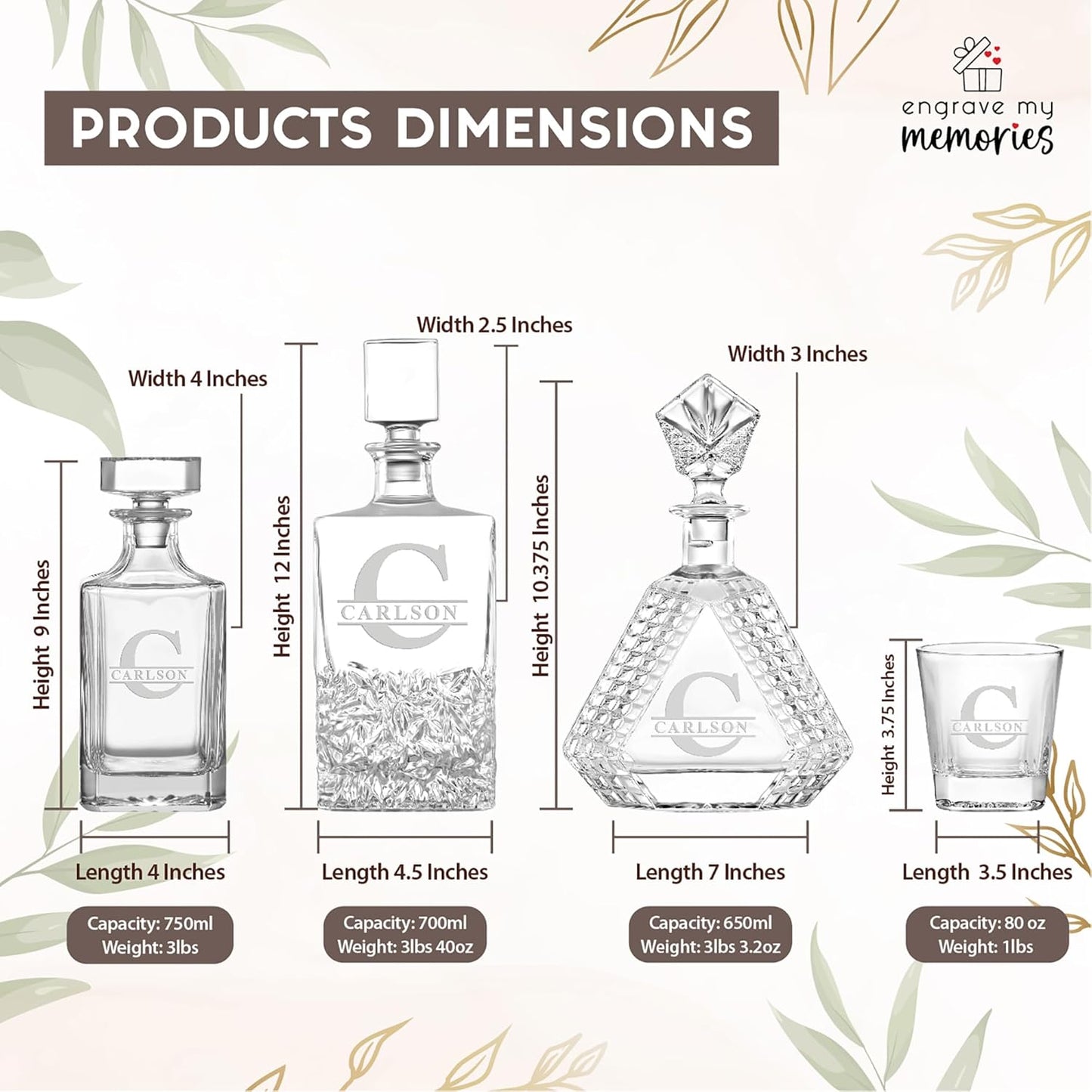 Personalized Rectangle Whiskey Decanter Set for Men 700ml Luxury Gift for Dad, Him, Boyfriend - Liquor Decanters with 2 or 4 Glasses for Birthday, Retirement, Weddings - 24 Engraved Design Options