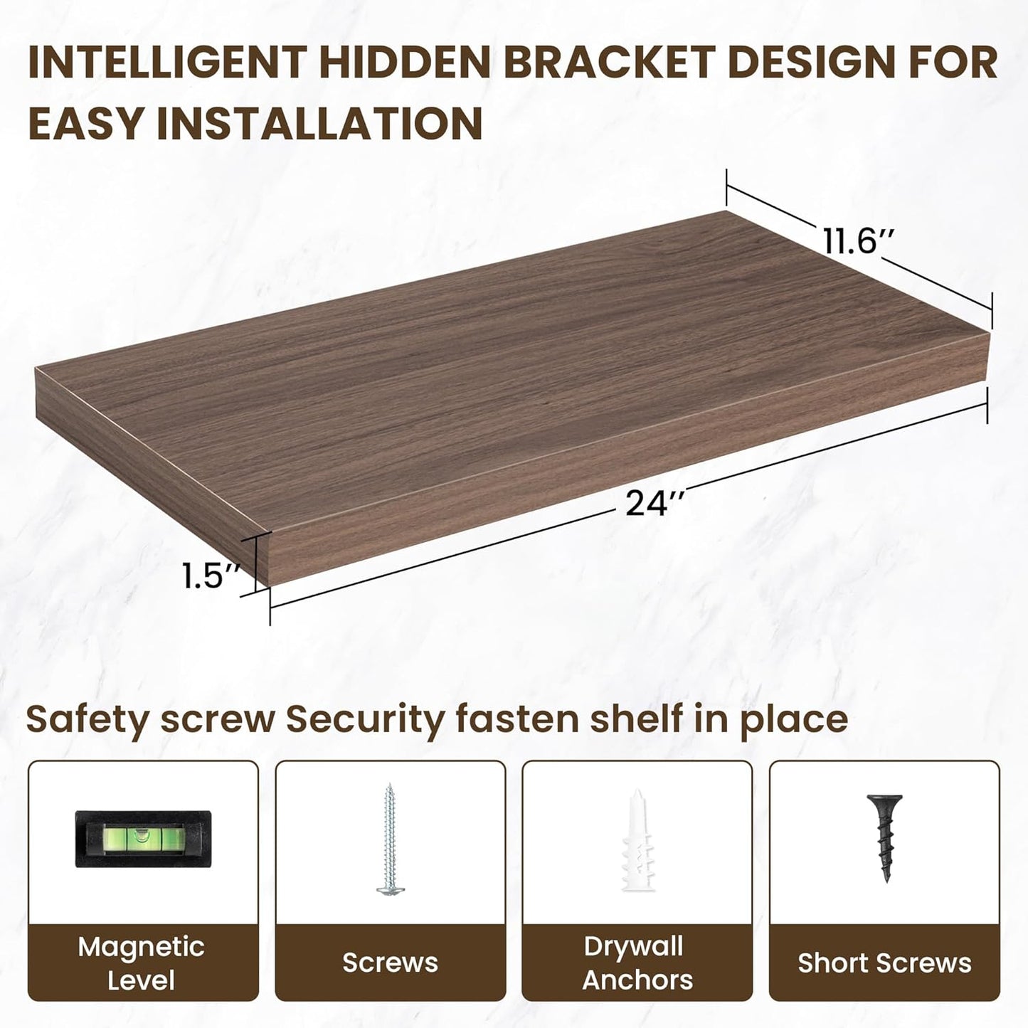 24 Inch Floating Shelves, 11.6 Inch Deep Floating Shelves for Wall, Floating Shelf with Invisible Brackets, Deep Shelves for Bathroom, Bedroom, Living Room, 2 Pack, Walnut