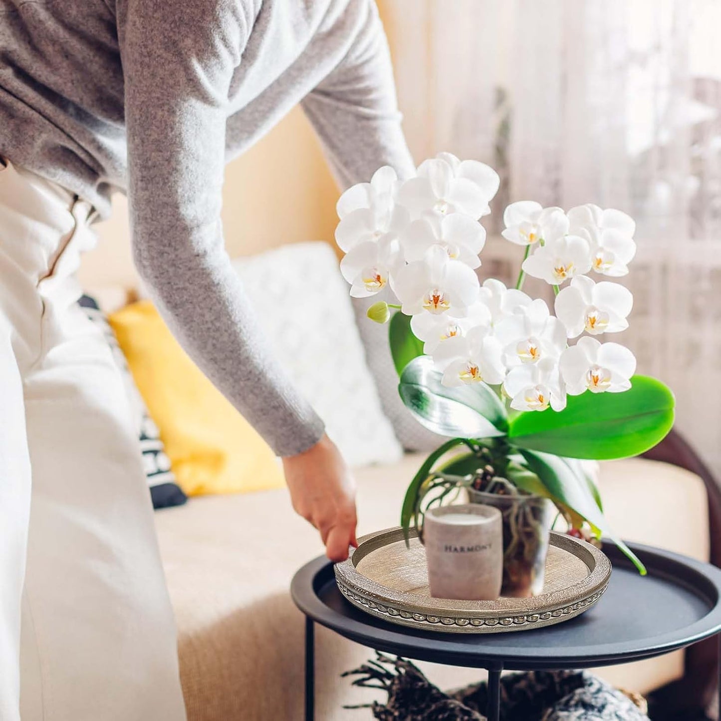 Round Wood Decorative Tray - Brown Washed Bead Tray for Coffee Table Wood Serving Tray Wooden Trays Decor Kitchen Counter Circle Tray Vintage Centerpiece for Living Room Candle Holder (15.75 inch)