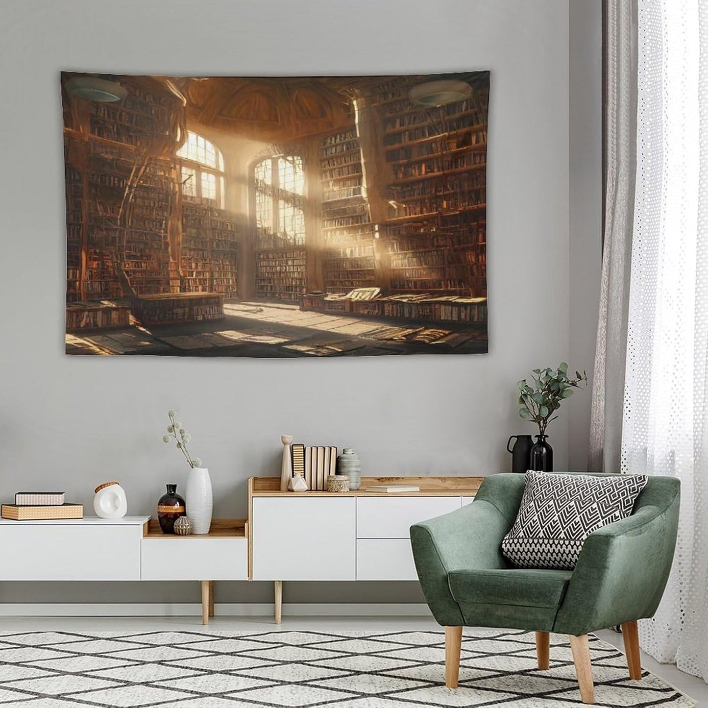 Kurtect Retro Bookshelf Tapestry,Medieval Mid Century Library Building Pattern Print Tapestries for Party Beach Picnic Blankets Tablecloths Living Room Wall Deocr, 60x90 in