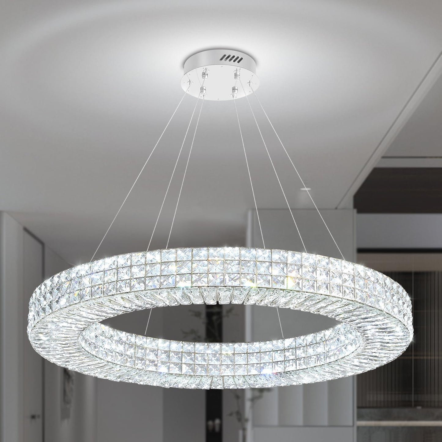 Dia 32" Ring Crystal Chandelier Modern Silver Ring Chandelier Adjustable Height Luxury Crystal Pendant Ceiling Light Fixture for Dining Living Room Bedroom