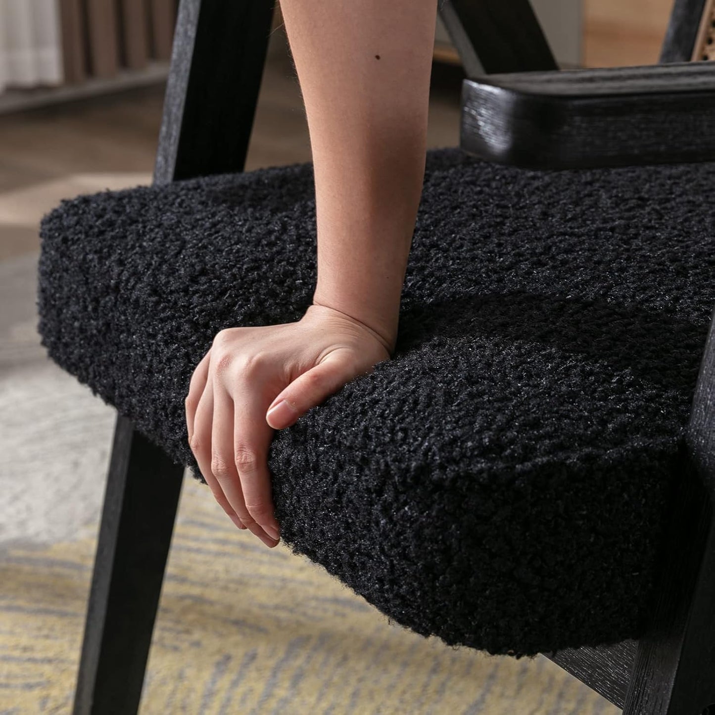 Accent Rattan Chairs Set of 2, Faux Fur Upholstered Living Room Chairs with Cane Back, Retro Mid Century Modern Cane Chair Armchair for Reception Reading Indoor Outdoor, Black