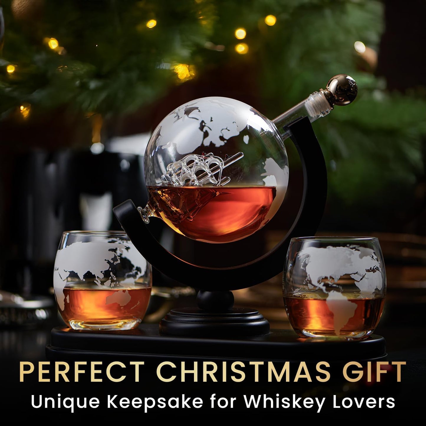 Globe Whiskey Decanter Gift Set by Royal Reserve | Etched World Map Globe Decanter 29 oz 850 ml with Glasses for Bourbon, Liquor – Whiskey Gifts for Men Dad Boyfriend Husband