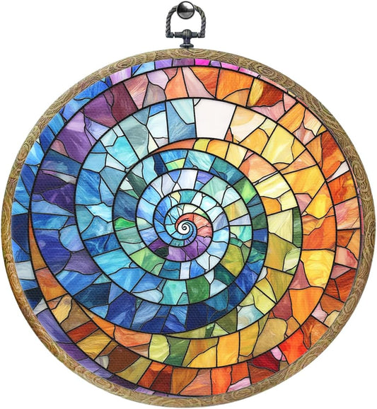 Colorful Boho Rainbow Geometric Spiral Sun Art Gift Framed Round Wall Decor Canvas Wall Art Hanging Prints Artwork for Home Office Porch Nursery Bedroom Living Room Decorations 10.2X10.2 Inch