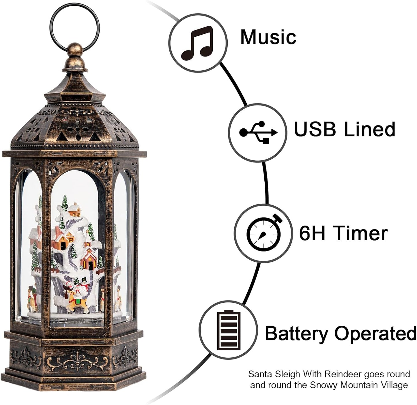 Animated Christmas Village Buildings with Moving Figurines Lighted Water Lantern, USB Lined/Battery Operated Snow Globe for Christmas Festival Decoration Gifts