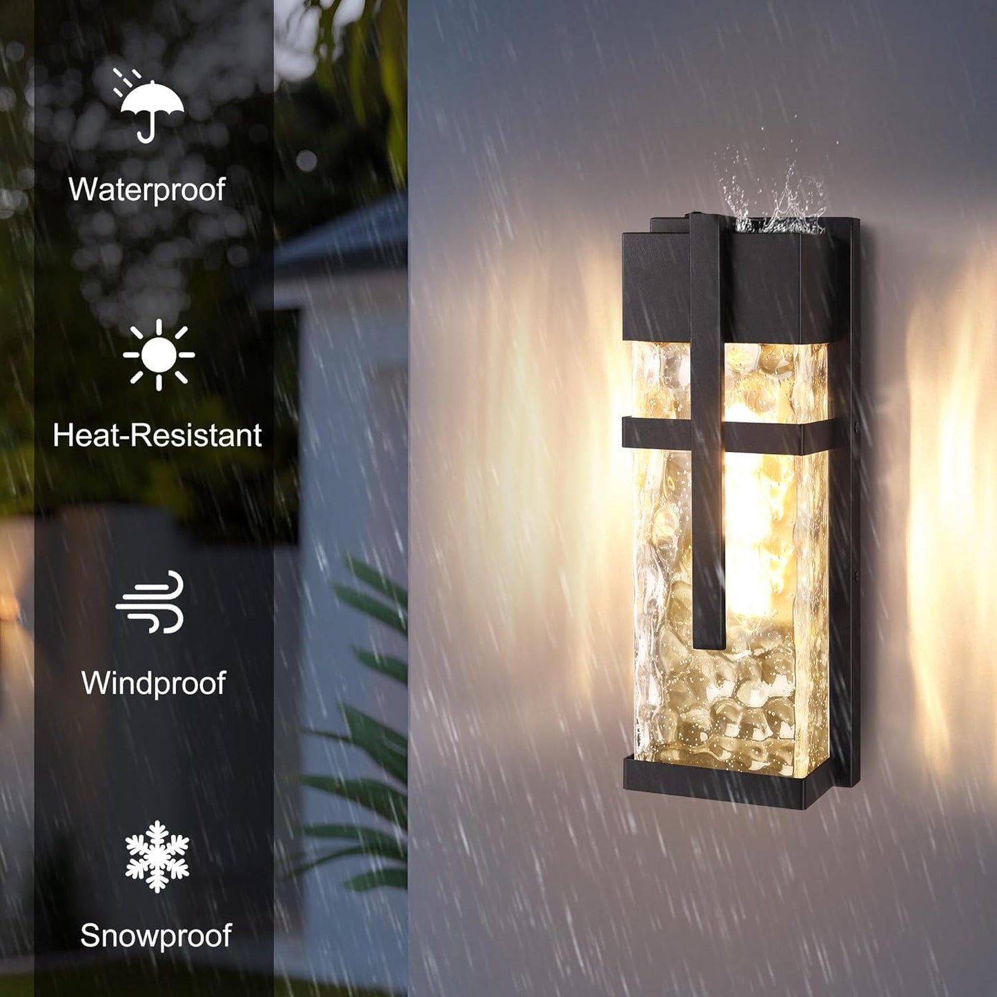 Hammered Glass Outdoor Wall Lantern, Dusk to Dawn Wall Sconce Lighting, 2 Pack Outdoor Light Fixtures, Exterior Porch Light with Waterproof, Modern Wall Lamp for Garage, Doorway, Patio(Bulb Included)