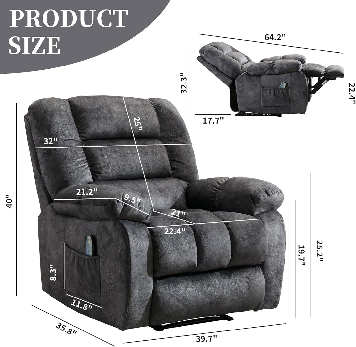 Massage Recliner Chair with Heat and Massage, Soft Fabric Ergonomic Manual Reclining Chairs, Heavy Duty Reclining Sofa Chair with Side Pockets for Living Room (D-Grey)