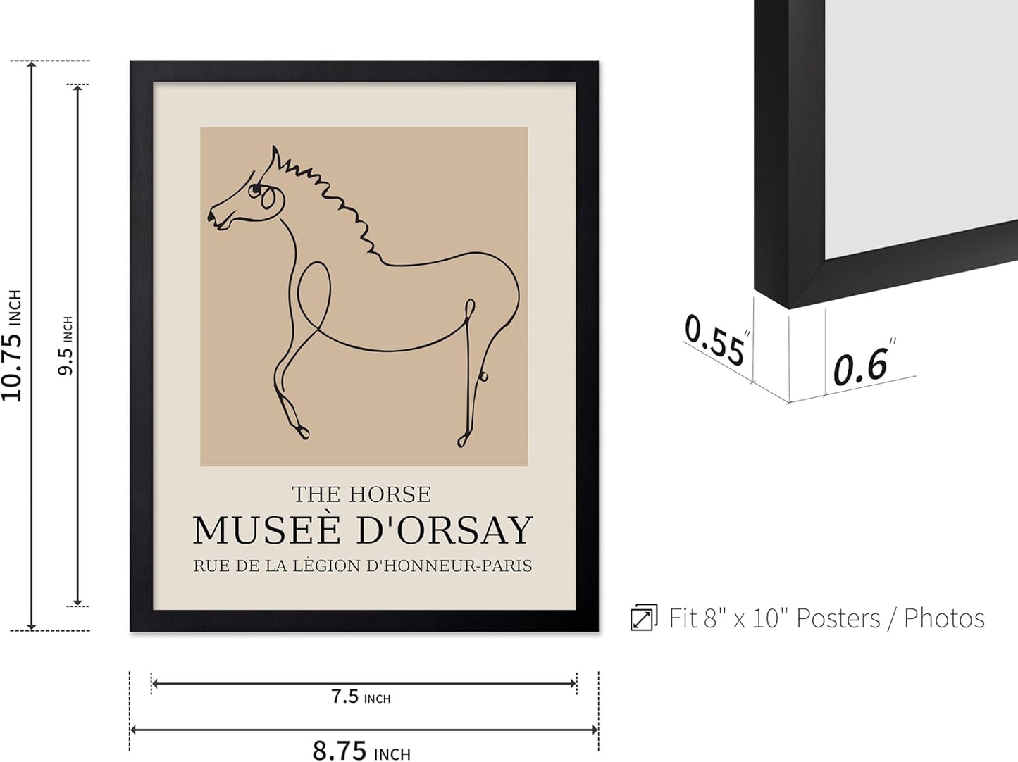 Poster Master Vintage Poster - Retro Minimalist Print - Gift for Artist, Friend - Horse, Line Drawing, Sketch, Abstract - Wall Decor for Living Room, Bedroom, 8x10 Black Framed