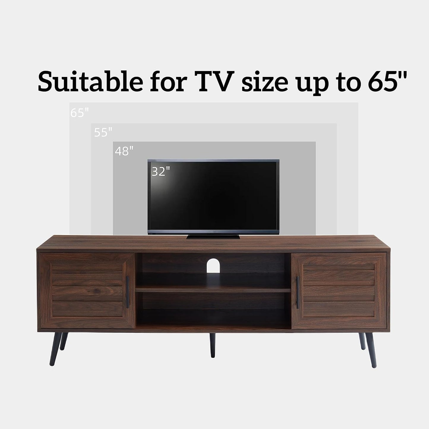 Mid Century Wooden TV Stand Entertainment Console with Open Shelving and 2 Cabinets for Televisions up to 65 Inches(Dark Walnut)