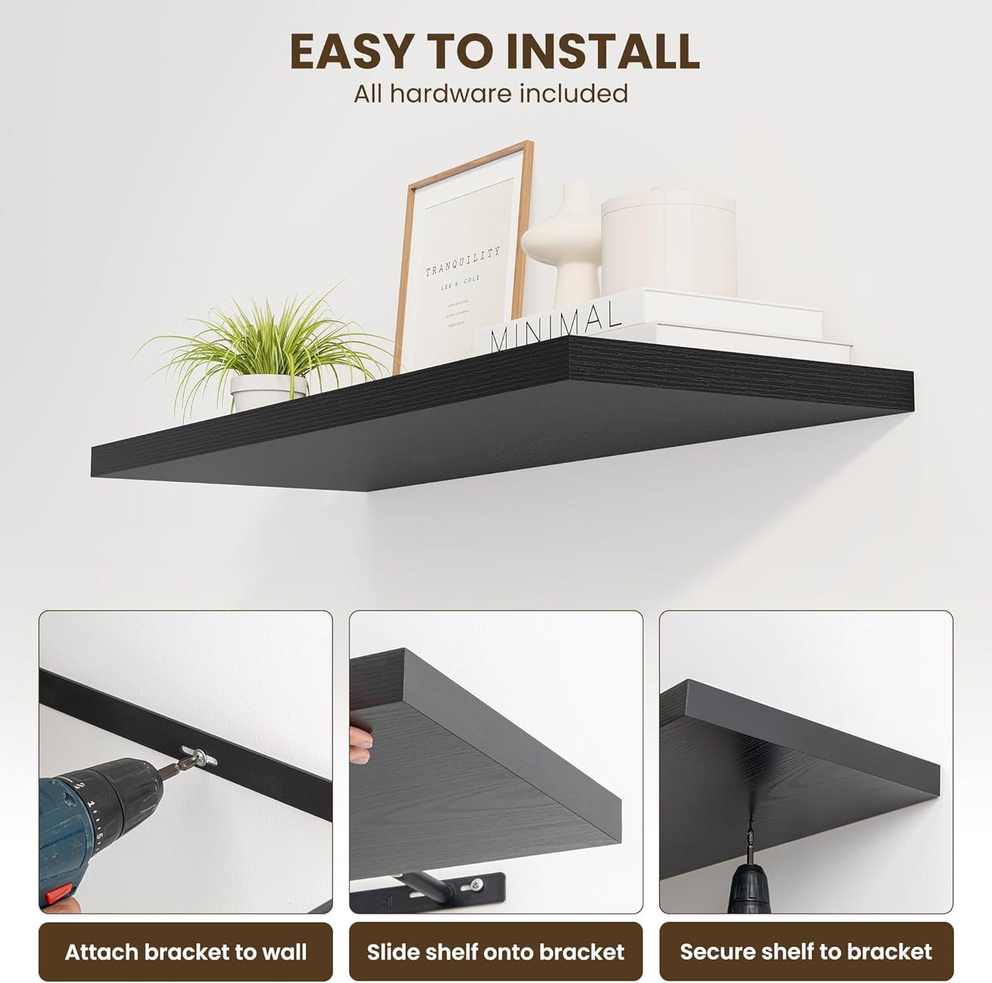 48" Floating Shelves for Wall, 12" Deep Slim Black Floating Shelves, Wall-Mounted Shelves for Bedroom, Living Room, Kitchen, Bathroom - Set of 2