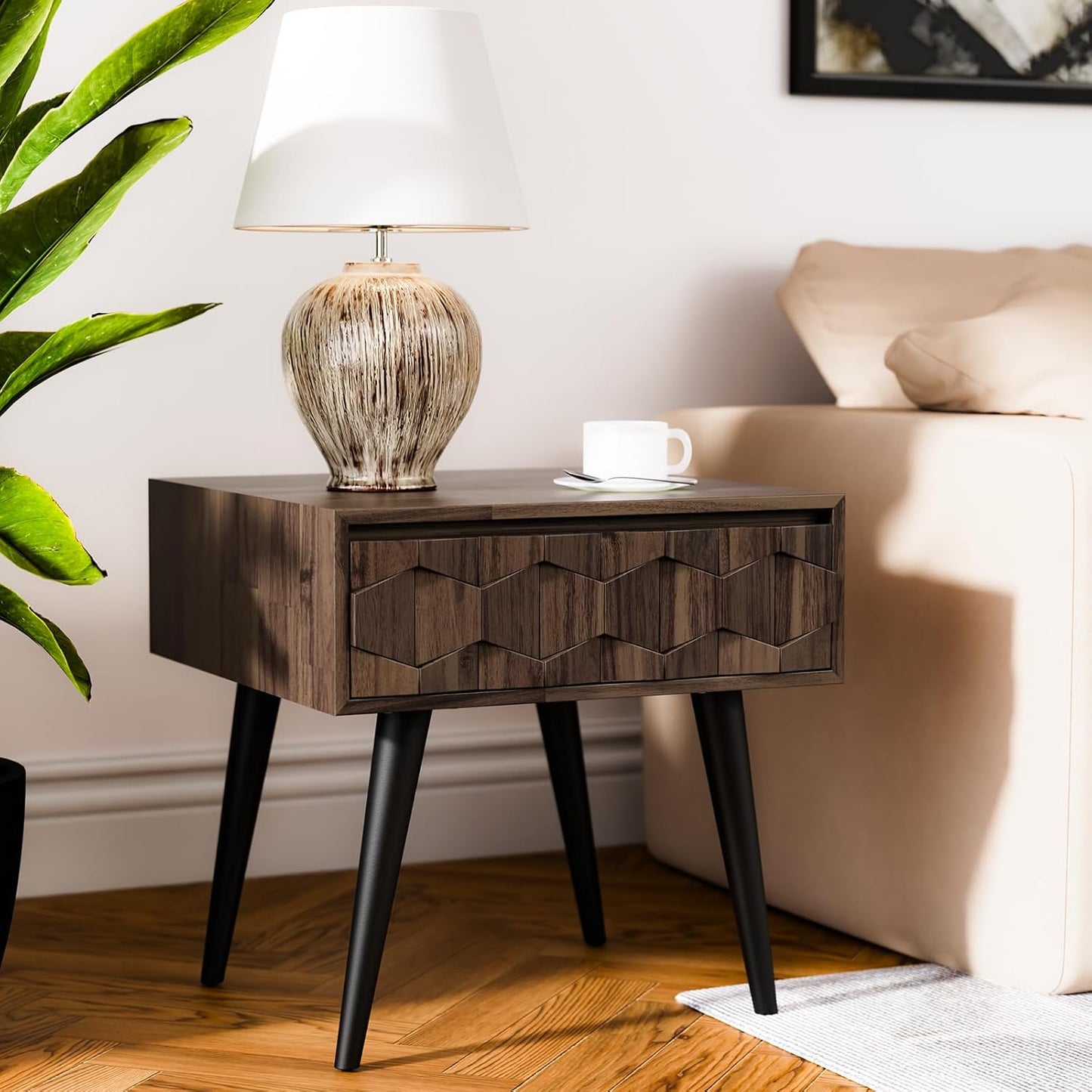 Bme Georgina Solid Wood Nightstand with Drawers, Pre-Assembled Rustic Nighstand with Geometric Pattern, Mid Century Modern Side Table for Living Room, Bedroom - Mocha