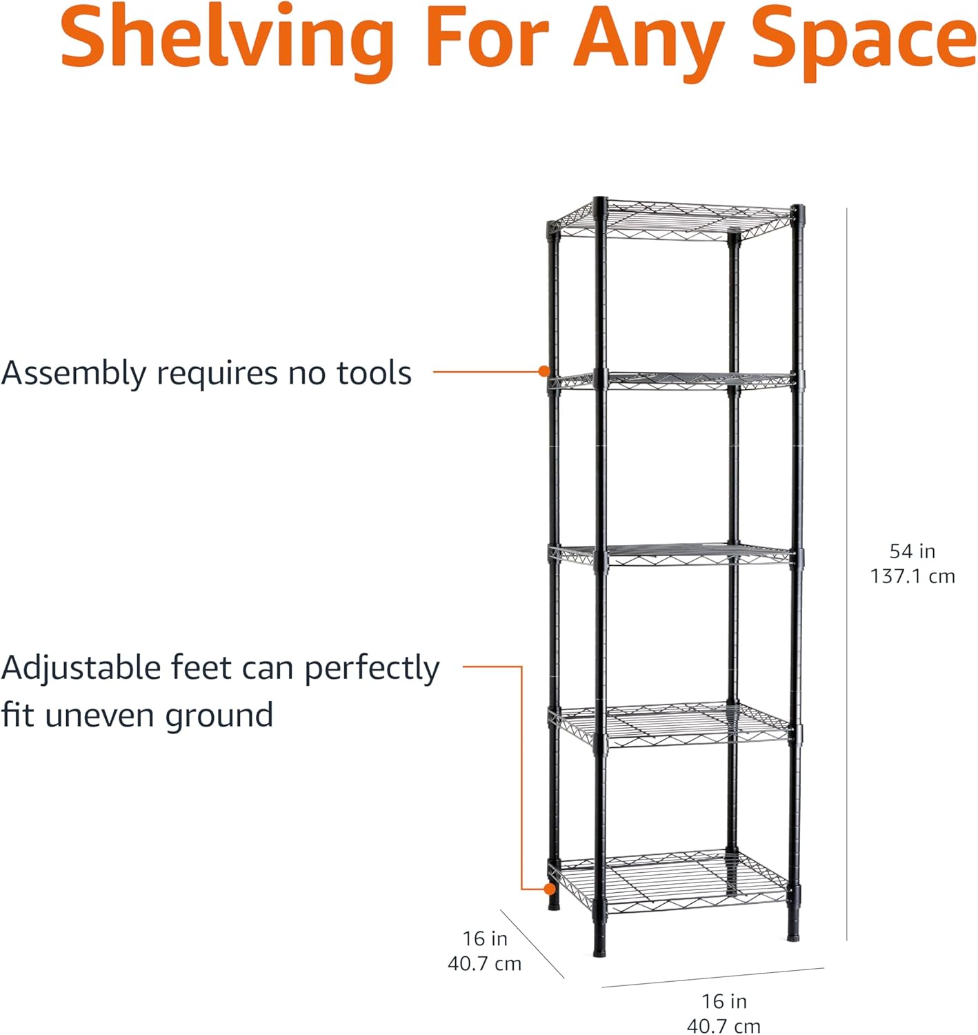 Amazon Basics 5-Shelf Tower Adjustable Storage Shelving Unit, Black, 16 D x 16 W x 54 H in
