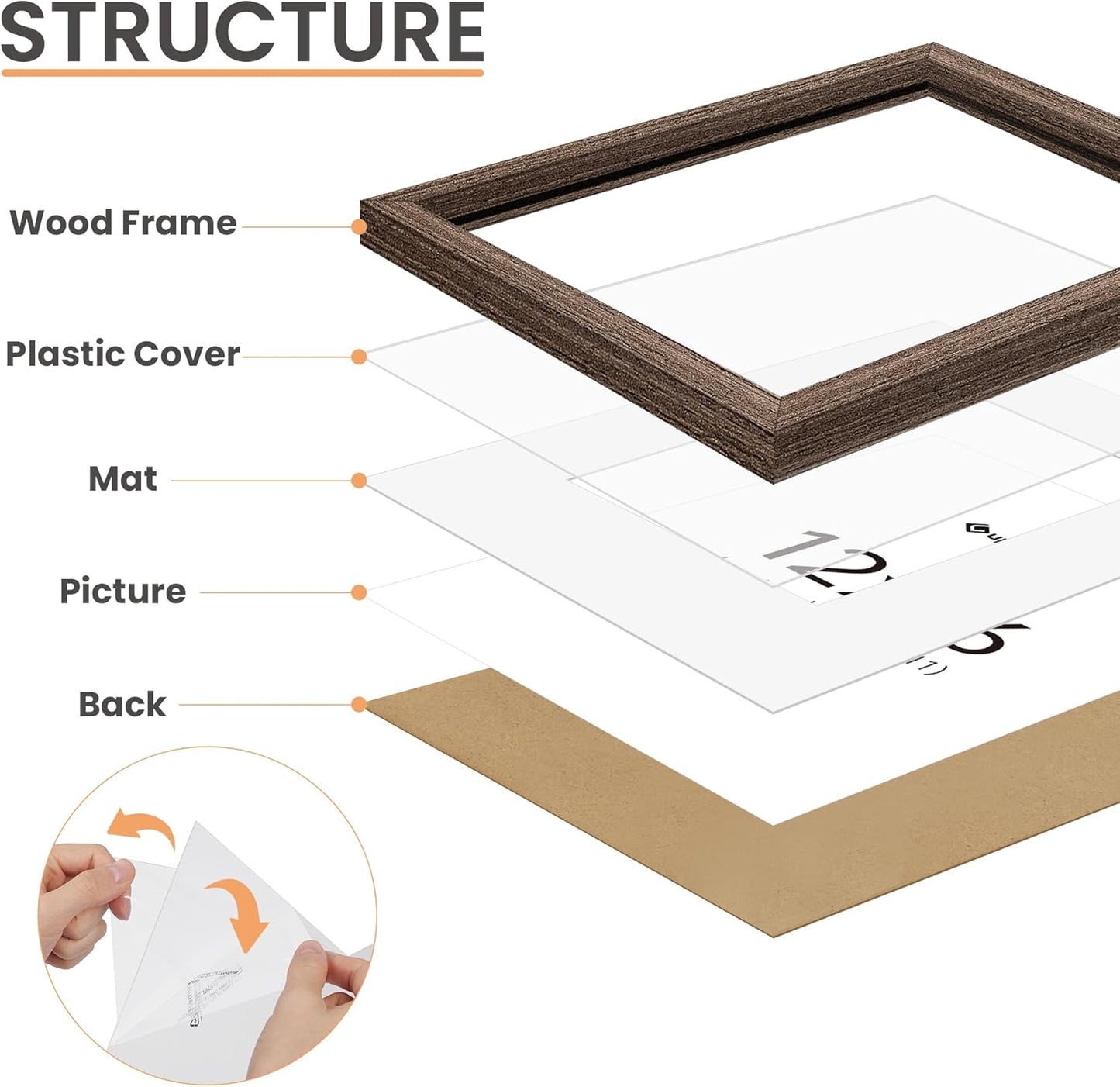 upsimples 12x16 Picture Frame, Natural Solid Wood Picture Frames, Display 8.5x11 with Mat or 12 x 16 Without, Vertical & Horizontal Wall Hanging, 1 Pack, Brown