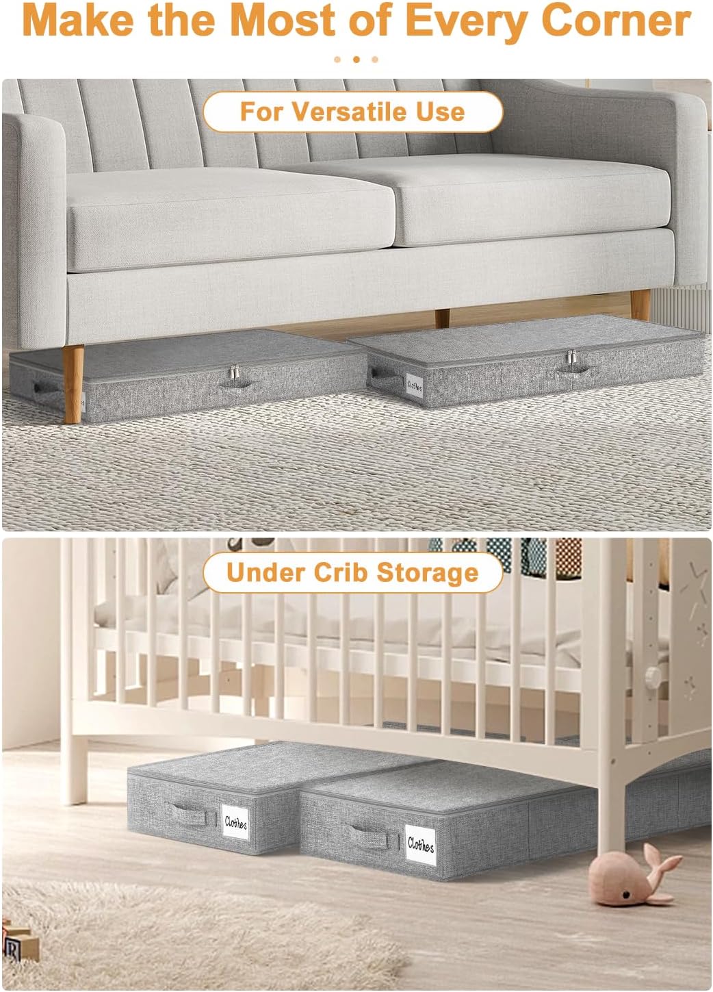 punemi Under Bed Storage Containers, 2 Pack 4.5 Inch Tall Low Profile Underbed Clothes Storage Organizer Bin with Sturdy Side & Bottom Support, Use as Clothes Organizer, Pillow and Blanket Organizer