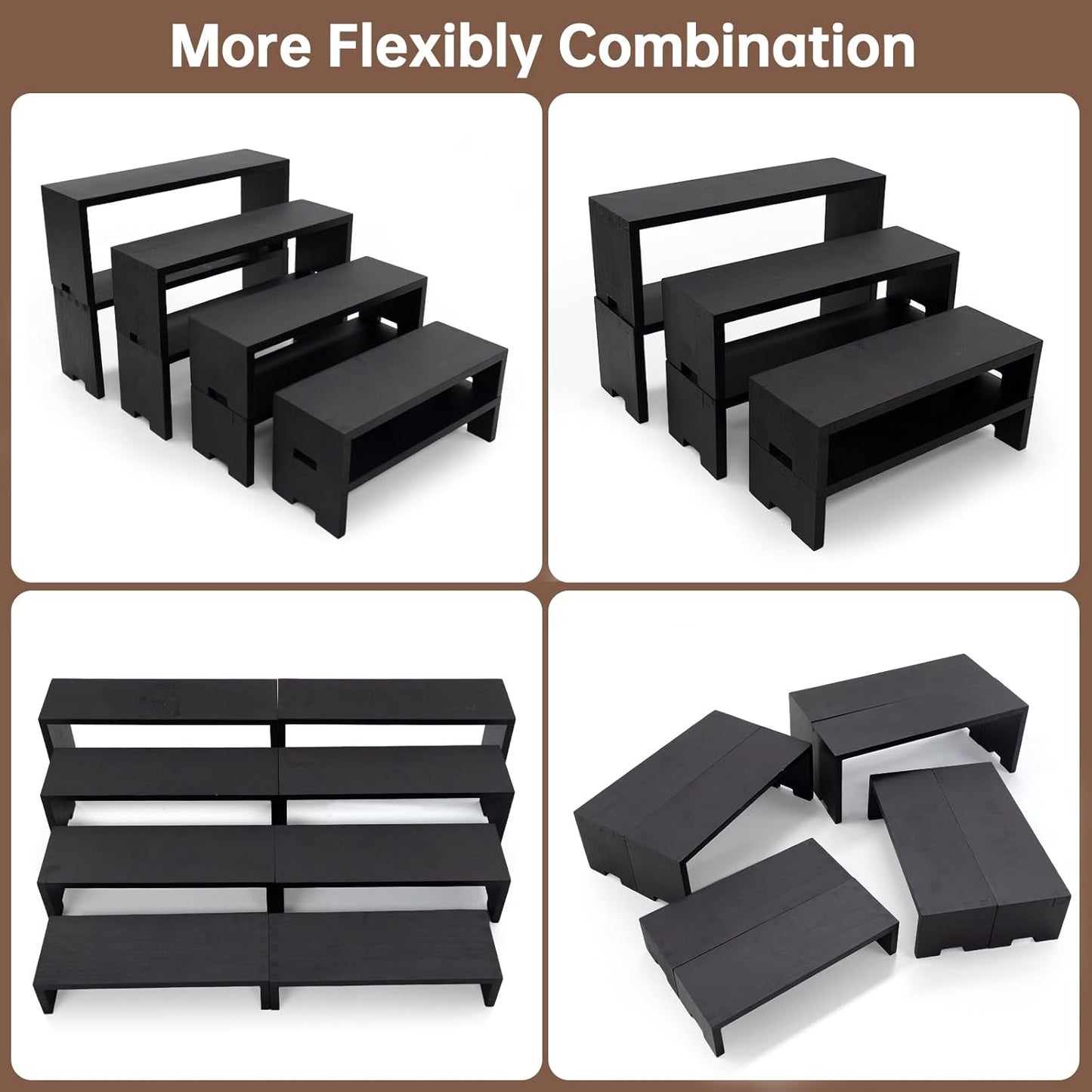 Large Display Wood Risers Wooden Stand 8 Tier Wood Racks Decorative Rectangular, 2 Set 8 Piece Cupcake Stands Cologne Perfume Organizer Dessert Showcase Items(black)