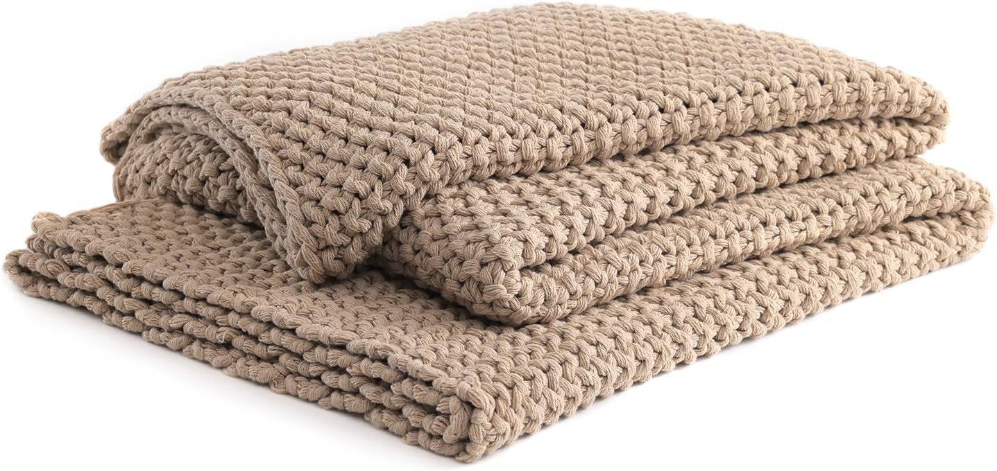 YnM Chunky Cotton Knit Throw Blanket, Cable Knit Throws for Bed Couch Sofa, Comfy & Relaxing, Decorative Piece for Farmhouse Modern Boho Rustic Scandinavian Chic Vibe, Beige 60x80 Inches